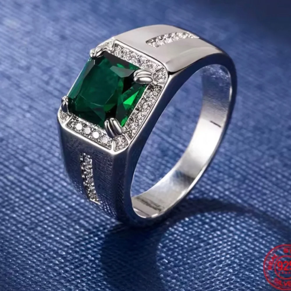 Sterling Silver Men's Emerald-Cut Green Stone Ring